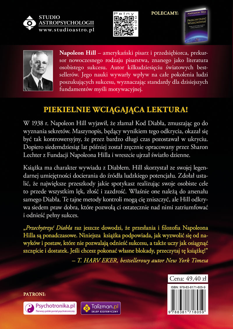Tylna okładka książki „Przechytrzyć Diabła” Napoleona Hilla z opisem autora i treści publikacji, rekomendacją T. Harva Ekera.