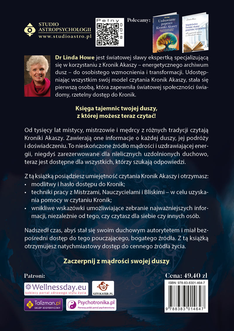 Jak czytać Kroniki Akaszy autorstwa Lindy Howe – okładka polskiego wydania książki o tym, czym jest odczyt z Kronik Akaszy.