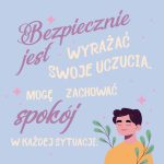 Karta afirmacyjna Louise Hay w pastelowych odcieniach fioletu i błękitu, z ilustracją spokojnej osoby. Po środku tekst z afirmacją.