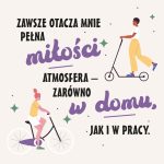 Karta afirmacyjna Louise Hay w jasnych kolorach z ilustracją dwóch osób – kobiety na rowerze i mężczyzny na hulajnodze. Pośrodku tekst afirmacji.