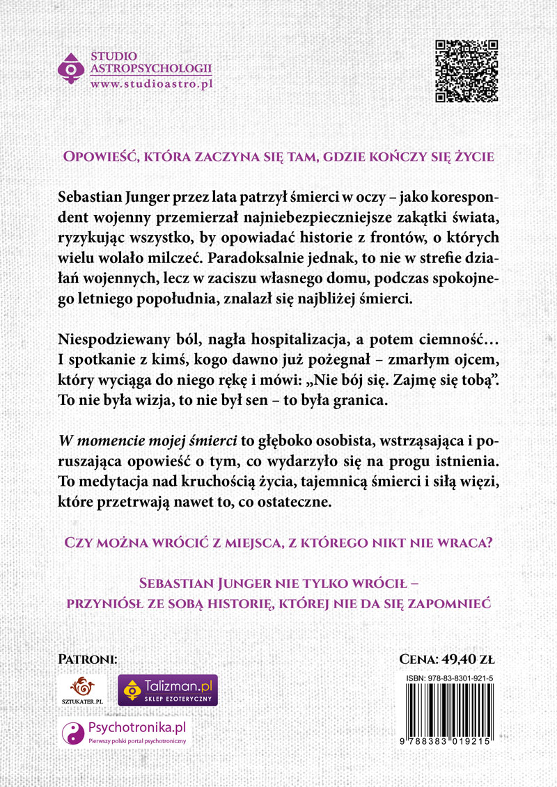 Tylna okładka książki W momencie mojej śmierci autorstwa Sebastiana Jungera