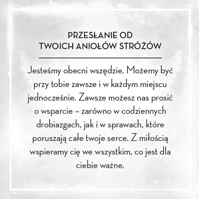 Karta afirmacje anielskie z przesłaniem od aniołów stróżów z zestawu „Karty afirmacji anielskich. 44 karty mocy i boskiego przewodnictwa” autorstwa Radleigha Valentine. Karta dotyczy wsparcia, miłości i obecności aniołów stróżów w codziennym życiu. Tło utrzymane w jasnych, świetlistych barwach z motywem anielskich skrzydeł.