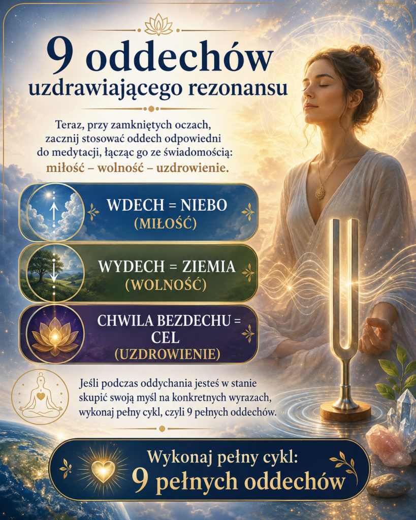 „9 oddechów uzdrawiającego rezonansu” przedstawia medytującą kobietę, kamerton, świetliste symbole i instrukcję oddechu łączącego wdech z miłością, wydech z wolnością oraz chwilę bezdechu z uzdrowieniem.
